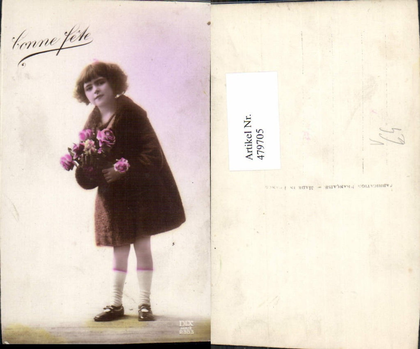 479705, Photo Ak Child Girl Fur Coat Fur Roses Bouquet Flowers Bonne fete pub DIX 2383