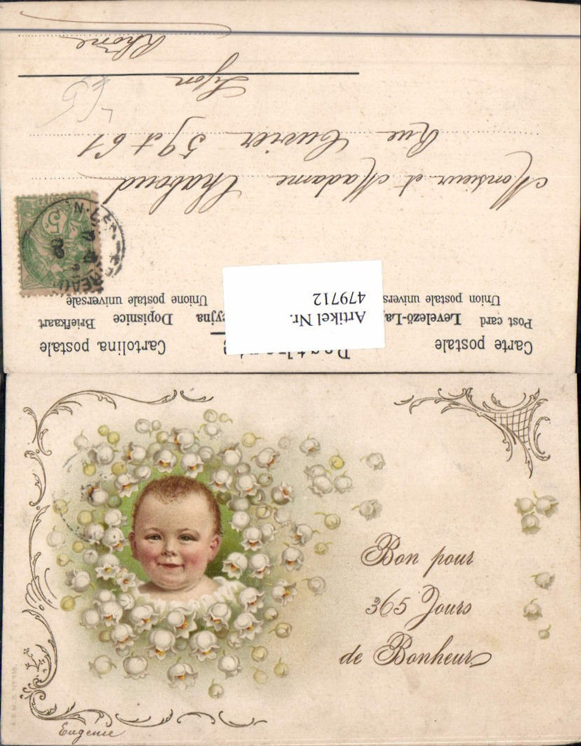 479712,Litho Kind Kinderkopf Blüten Maiglöckchen Ornament