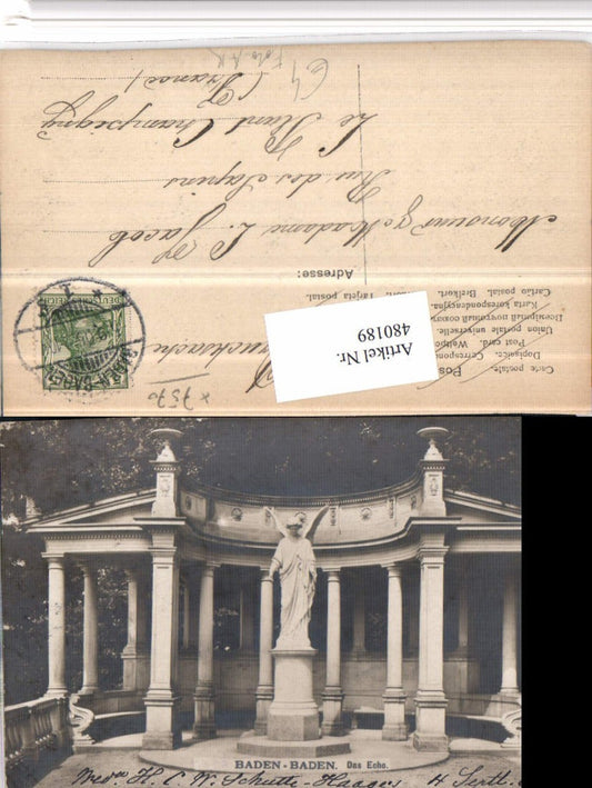 480189, Photo AK Baden-Baden Echo Statue Columns