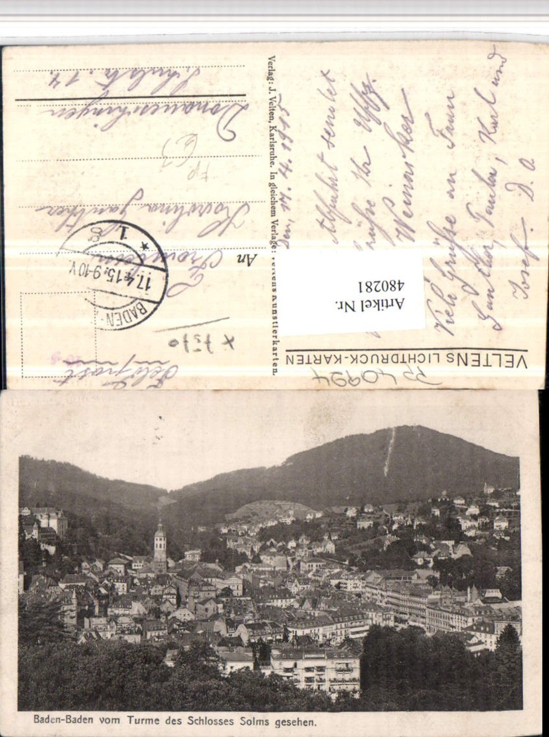 480281,Baden-Baden Totale vom Turm des Schloss Solms Feldpost