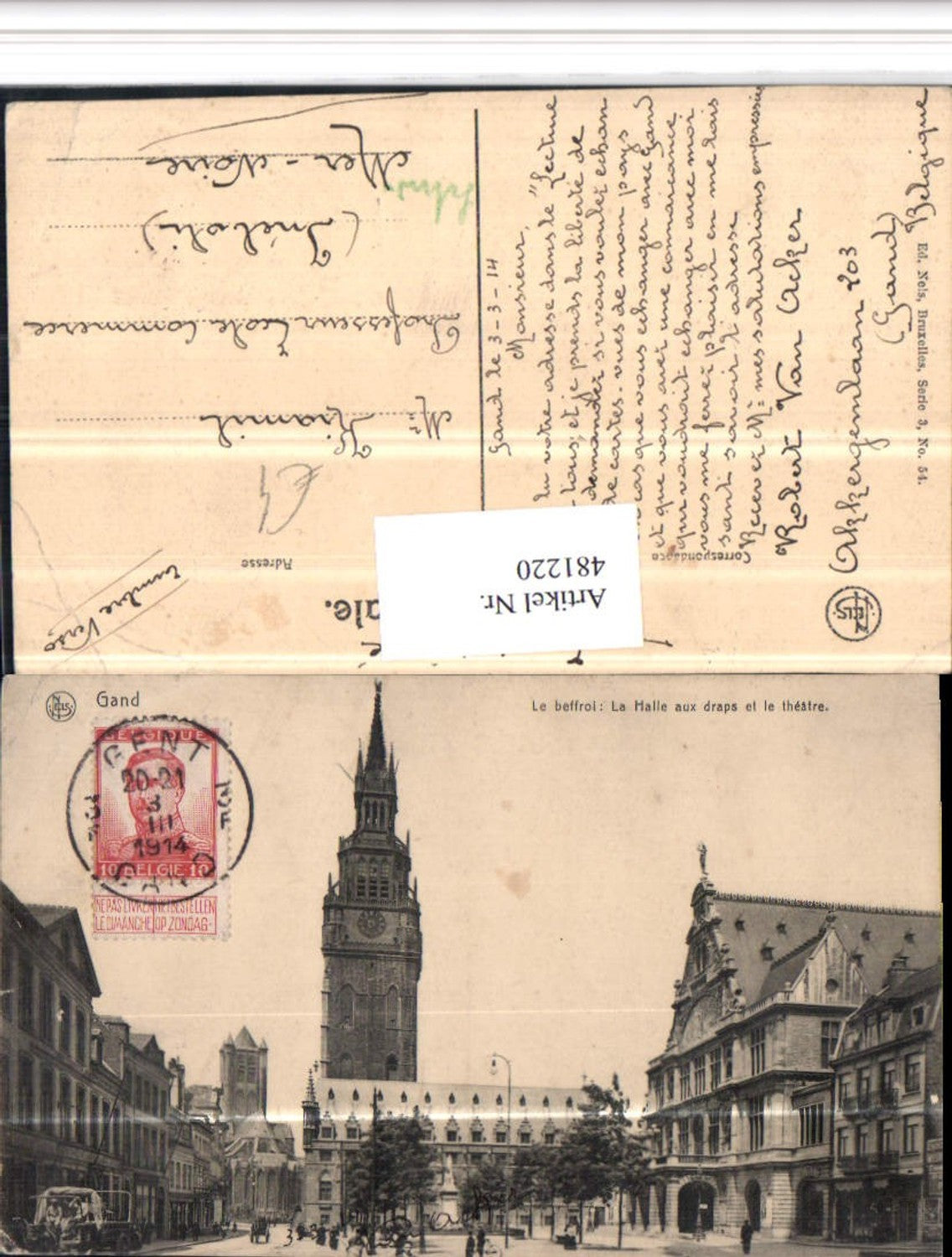 481220,Belgium Gand Gent Le Beffroi Halle aux draps et le theatre Glockenturm