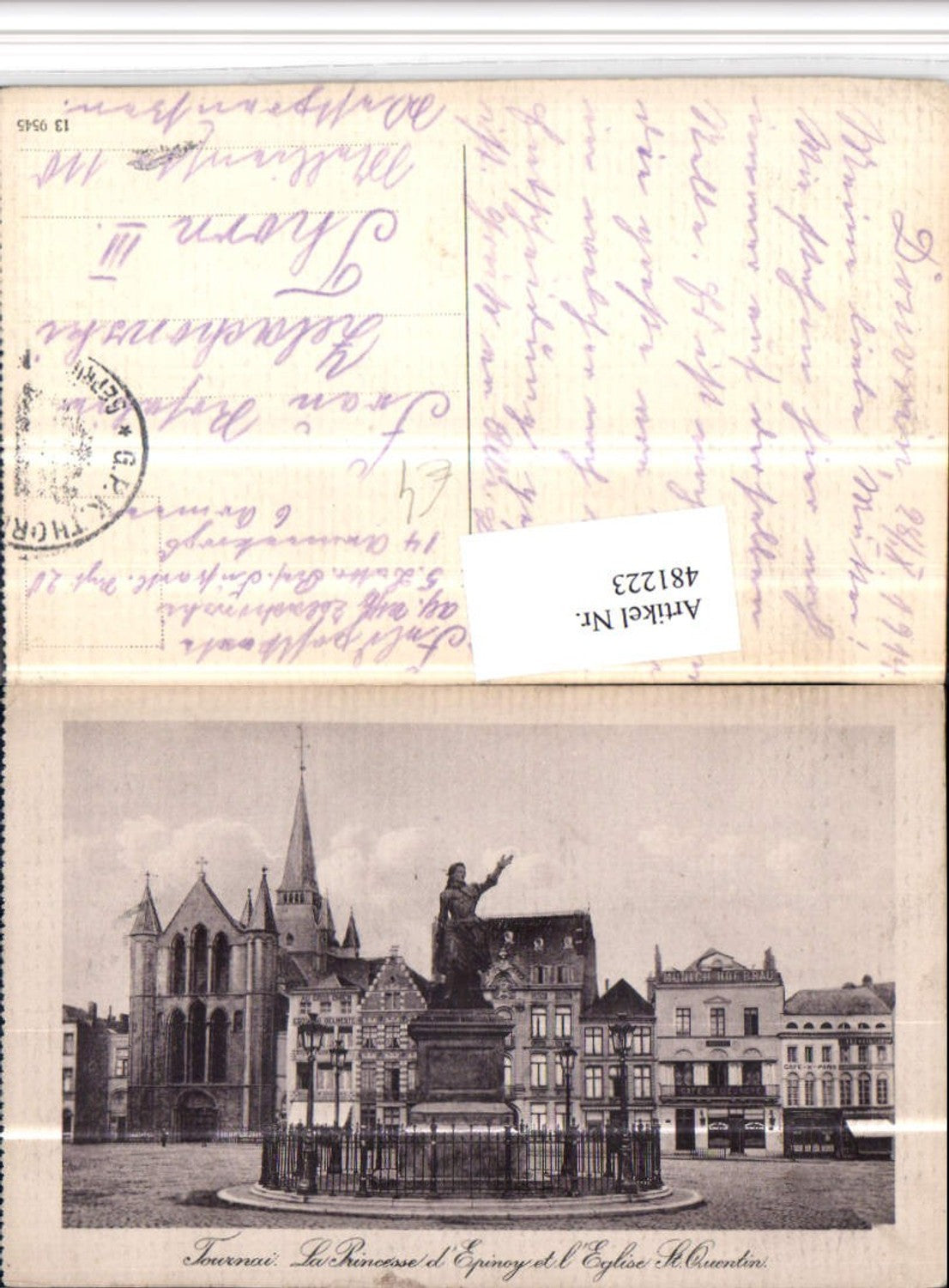 481223,Belgium Tournai La Princesse Epinoy et Eglise St. Quentin Kirche Statue