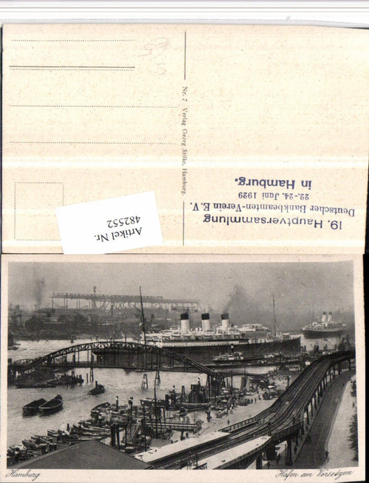 482552,Hamburg Hafen Dampfer 19 Hauptvers. Dt. Bankbeamten 1929 Stempel