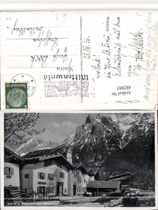 482885,Mittenwald Partie Häuser m. Viererspitze Bergkulisse