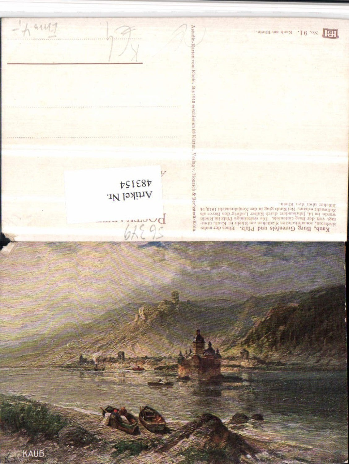 483154,Künstler AK Astudin Kaub am Rhein Burg Gutenfels u. Pfalz