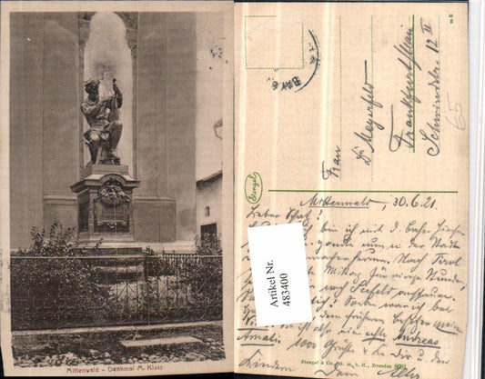 483400,Mittenwald Denkmal M. Klotz Brunnen Statue pub Stengel & Co 8681
