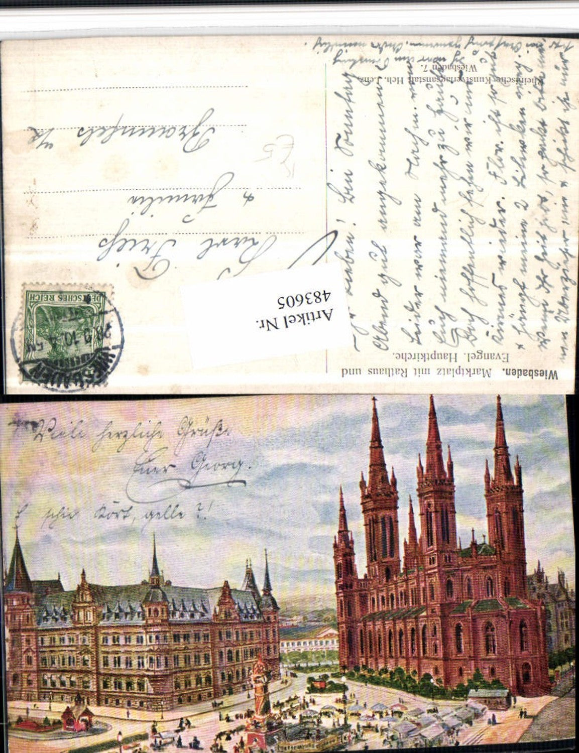 483605,Künstler AK Wiesbaden Marktplatz m. Rathaus u. Kirche