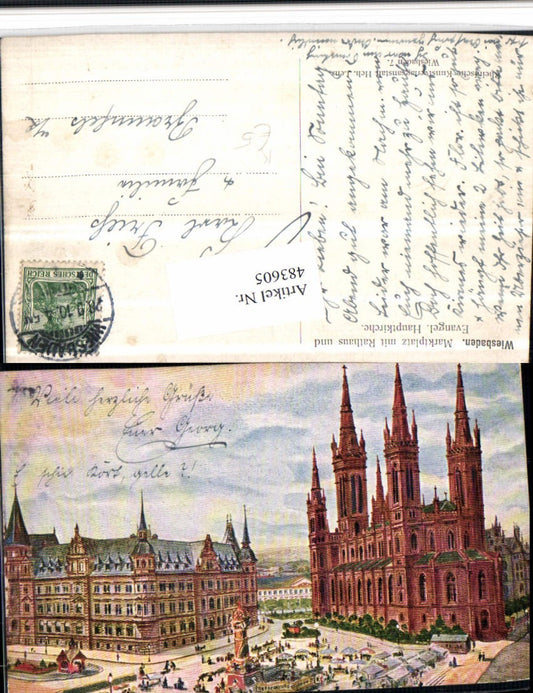 483605,Künstler AK Wiesbaden Marktplatz m. Rathaus u. Kirche