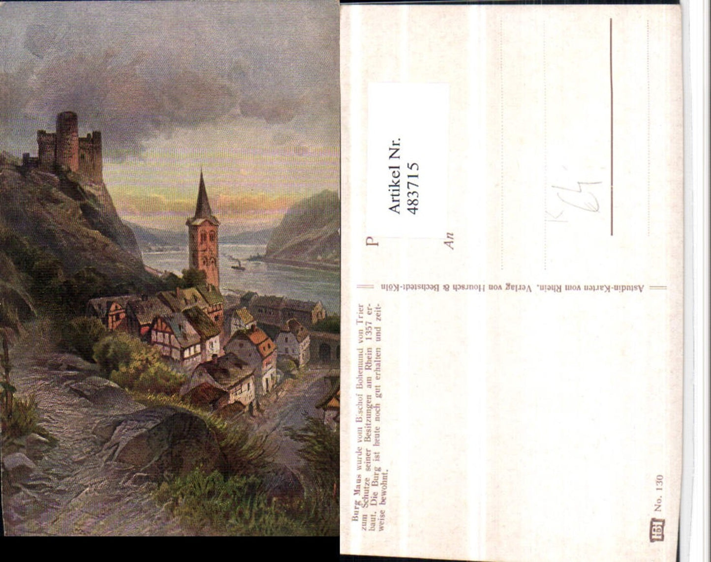 483715,Künstler AK Astudin Burg Maus b. St. Goarshausen Teilansicht