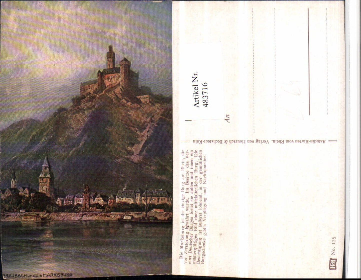 483716,Künstler AK Astudin Braubach Totale m. Marksburg Burg