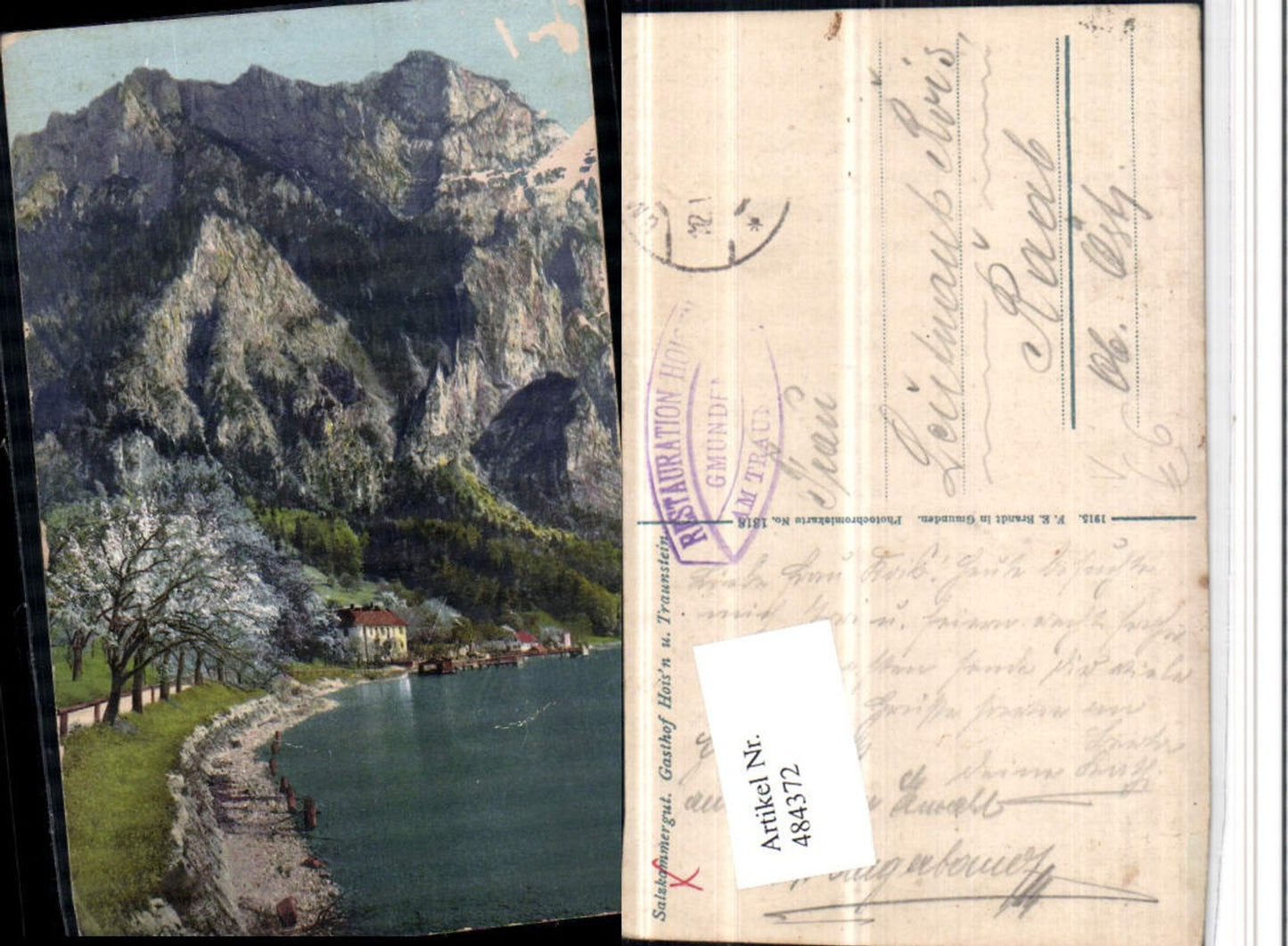 484372,Gmunden Gasthof Hoisn m. Traunstein pub F.E. Brandt 1318