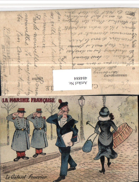 484884,Künstler AK Jaffre Scherz Humor Marine Uniform Frau Korb