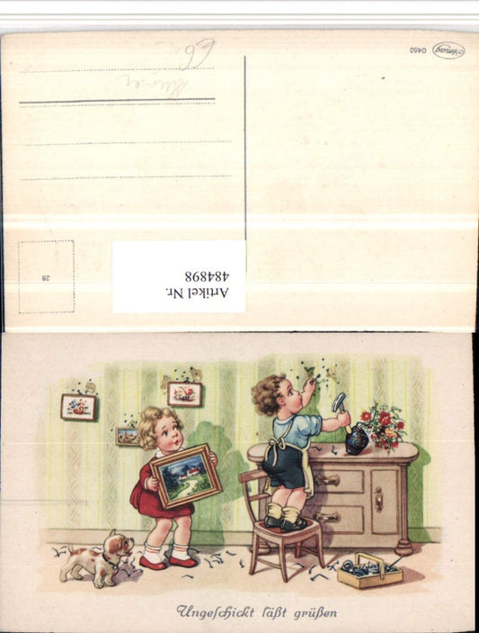 484898,Künstler AK Ungeschickt lässt grüßen Scherz Humor Kinder Wandbilder Nägel Hund