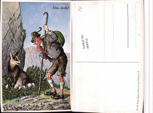 484916,Künstler AK Scherz Humor Wanderer Gams Nest Eier