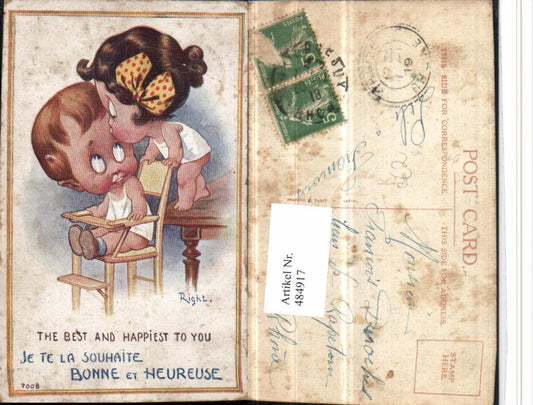 484917,Künstler AK Right Scherz Humor Kinder Kuss große Köpfe