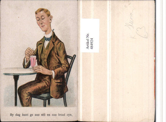 484924,Künstler AK Scherz Humor Mann Getränk Strohhalm