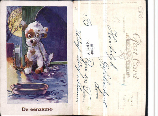 484930,Künstler AK J. Salmon Scherz Humor Hund angekettet Schüssel