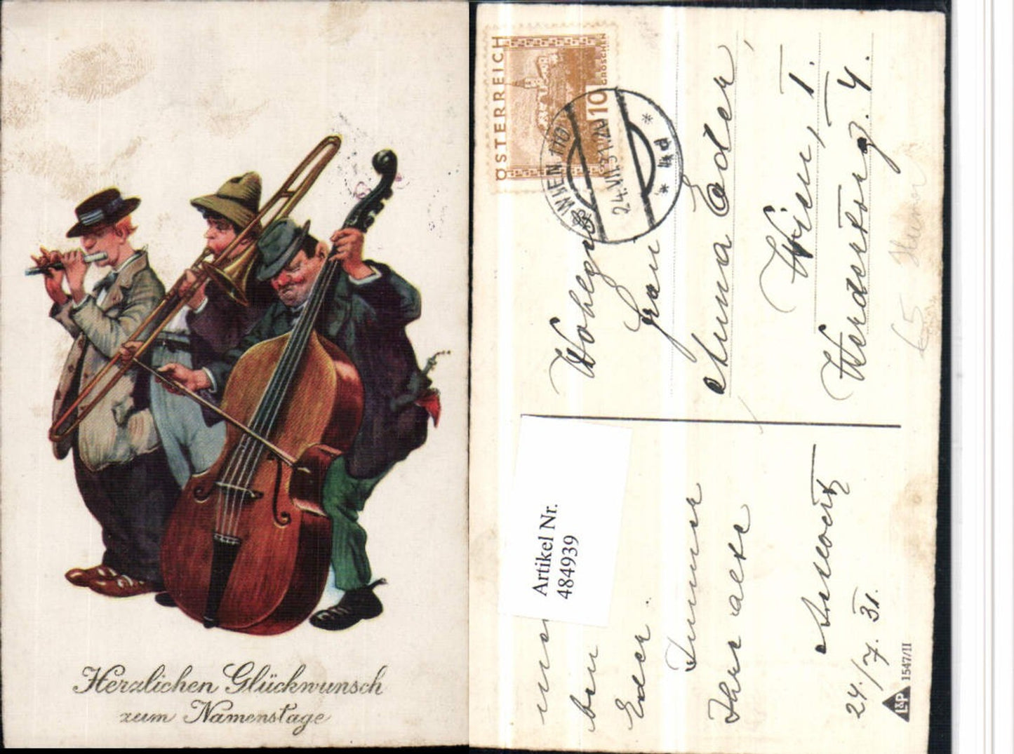 484939,Künstler AK Namenstag Scherz Humor Musiker Cello Trompete