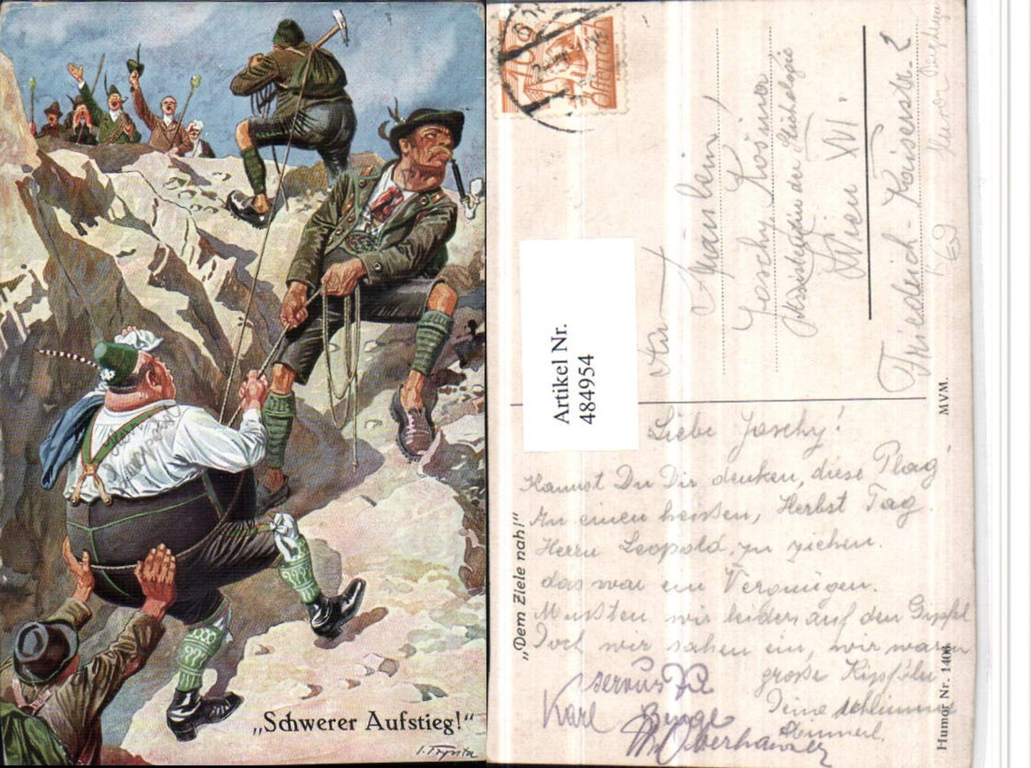 484954,Künstler AK Scherz Humor Völlerei Bergsteiger Tracht