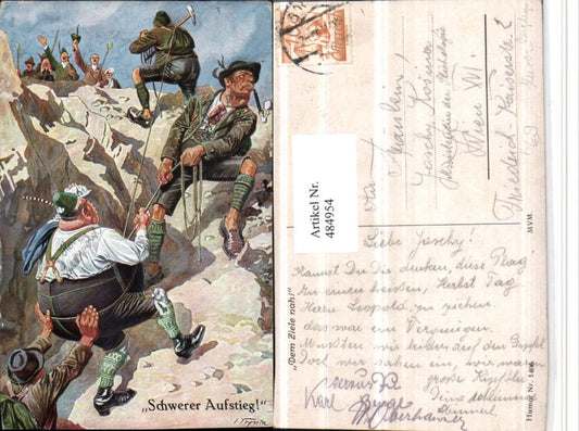 484954,Künstler AK Scherz Humor Völlerei Bergsteiger Tracht