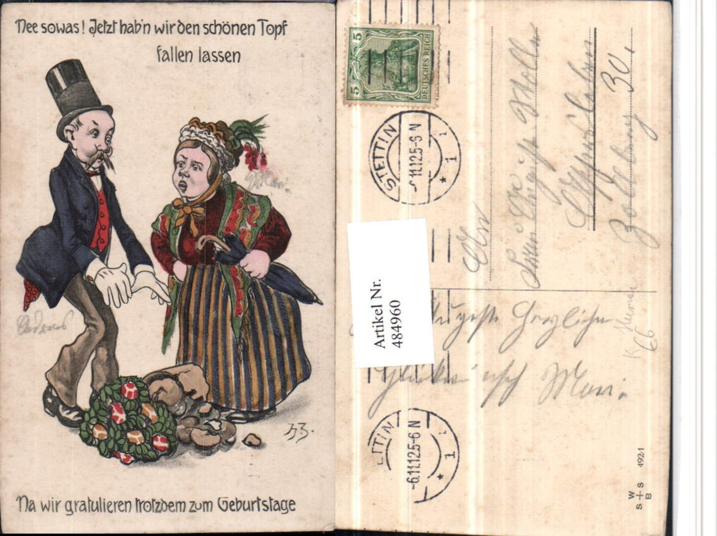 484960,Künstler AK Scherz Humor Geburtstag Paar zerbrochener Topf Blumen