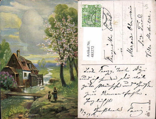 485272,Künstler Ak F. Bayerlein Mühle Frau m. Kind Wassermühle