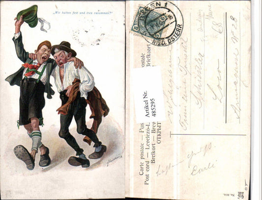 485295,Künstler AK F. Quidenus Trinkerhumor Betrunkene Zusammenhalt Hut