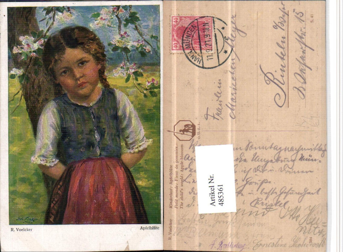 485361,Künstler AK R. Voelcker Apfelblüte Kind Mädchen Zöpfe