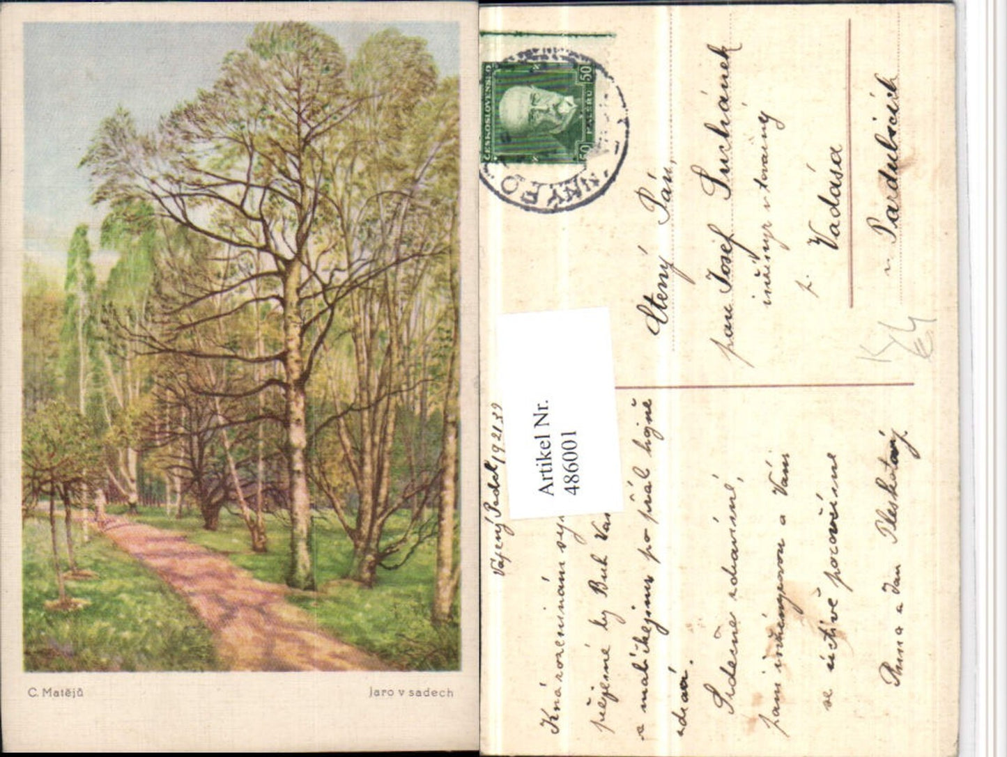 486001,Künstler AK C. Mateju Jaro v sadech Wald Wegpartie