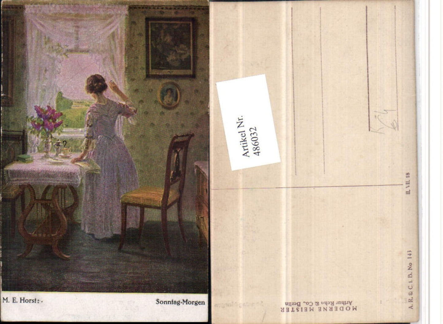 486032,Künstler AK M.E. Horst Sonntag-Morgen Frau Kleid Fenster