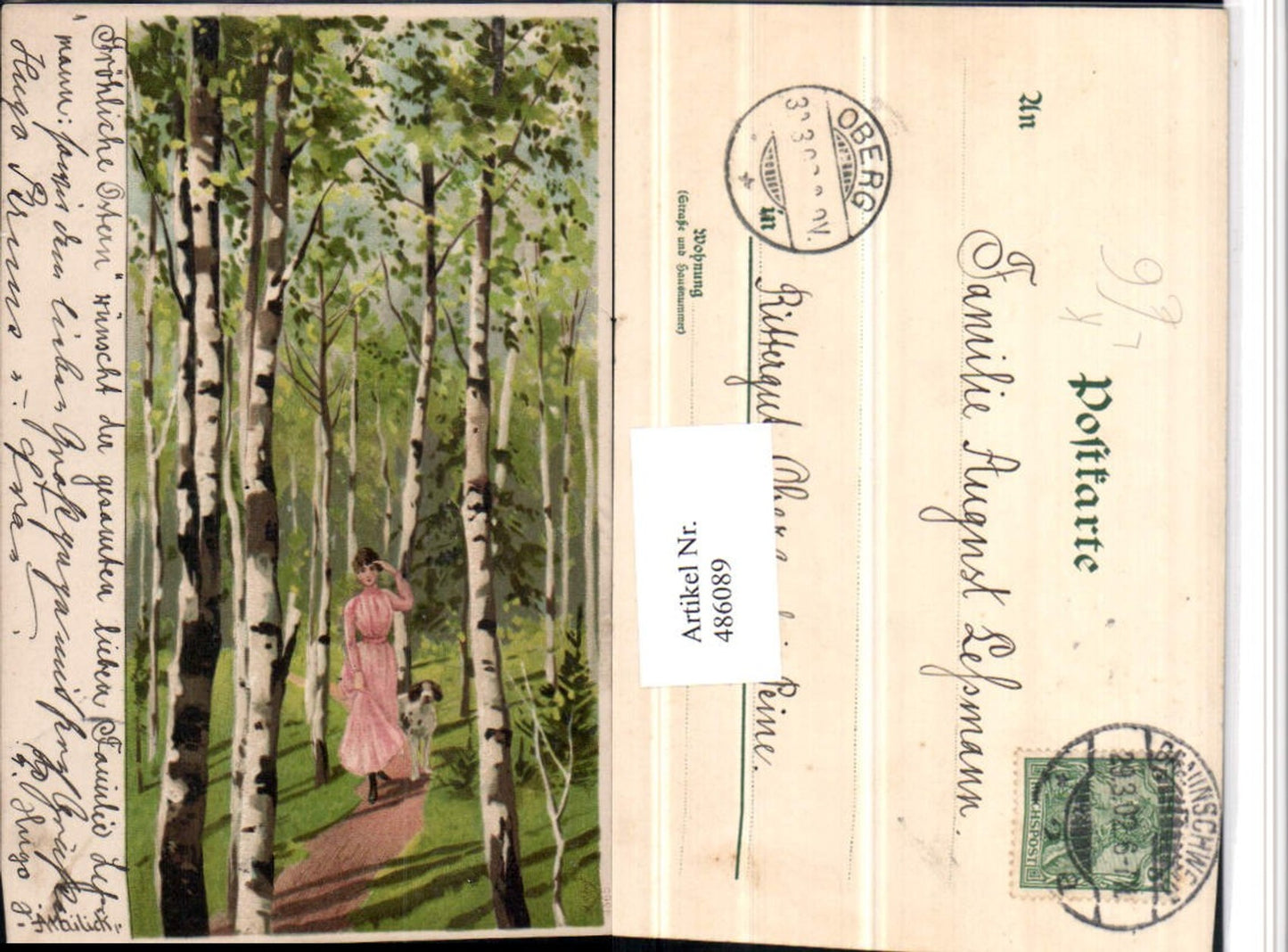 486089,Künstler Litho Alfred Mailick Frau Kleid Hund Waldweg Wald