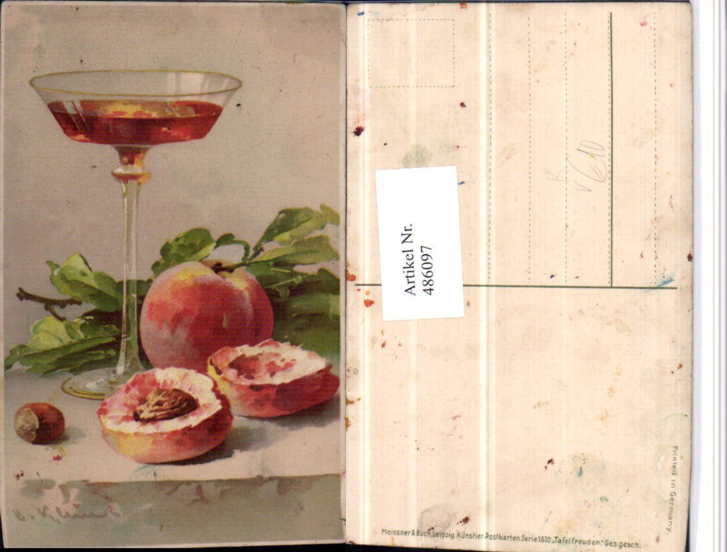 486097, Artist AK Catharina Klein Still Life Peach Glass Pub Meissner &amp; Buch 1610