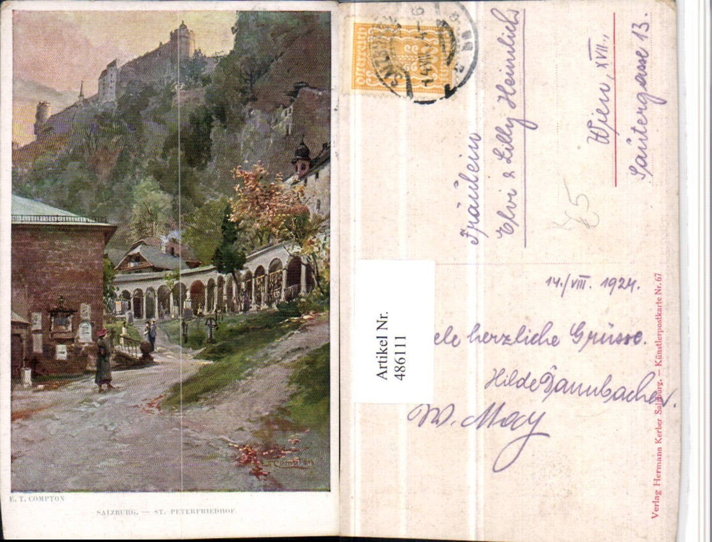 486111,Künstler AK E. T. Compton Salzburg St. Peter Friedhof geg. Festung