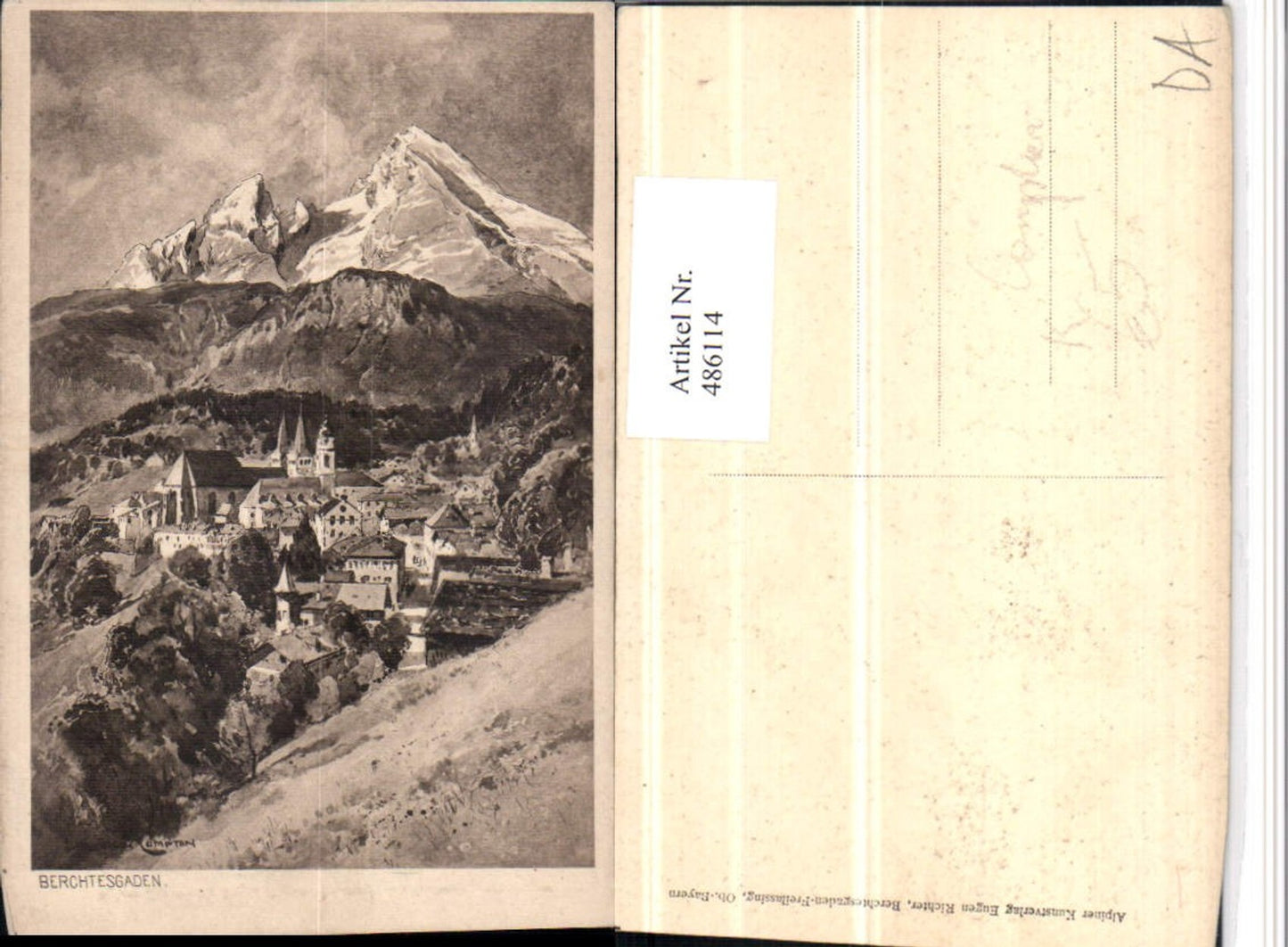 486114,Künstler AK E. Harrison Compton Berchtesgaden Totale Bergkulisse