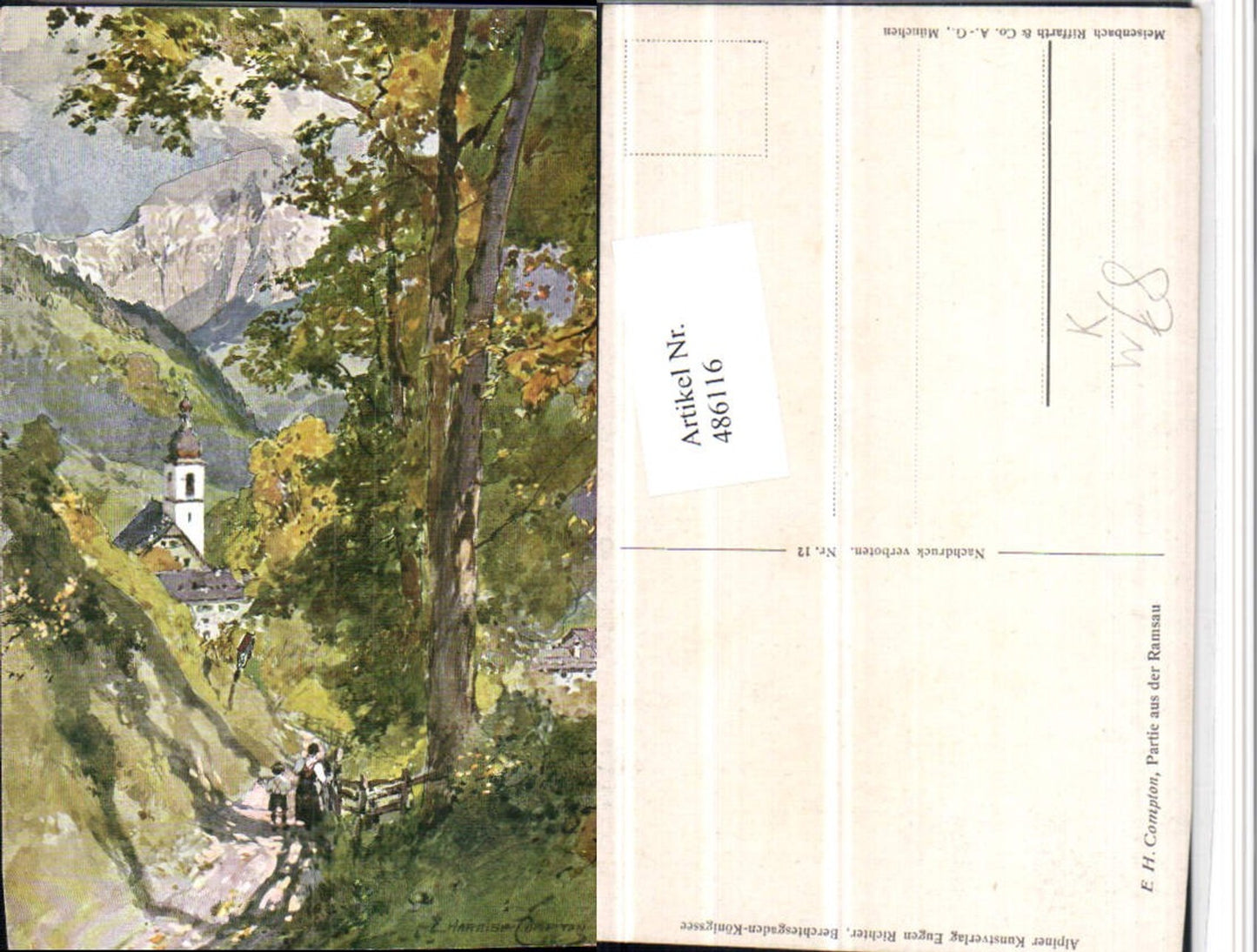 486116,Künstler AK E. Harrison Compton Partie aus Ramsau b. Berchtesgaden Kirche