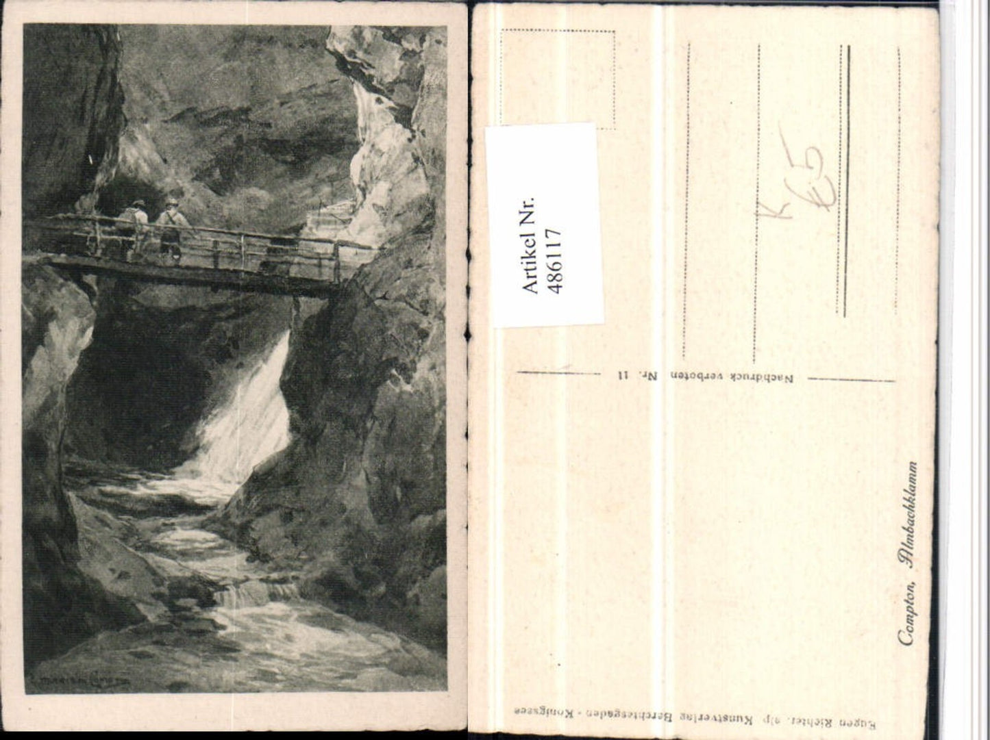 486117,Künstler AK E. Harrison Compton Almbachklamm b. Berchtesgaden Brücke
