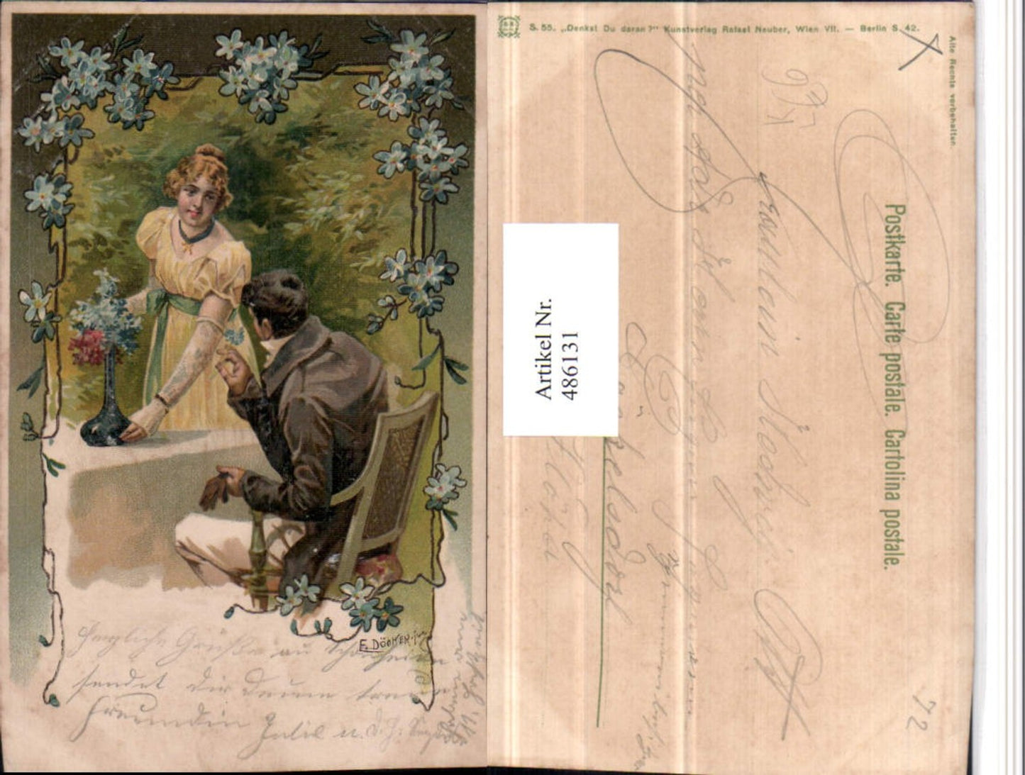 486131,Künstler Litho E. Döcker jun. Denkst du daran Liebe Paar Blumen Vase