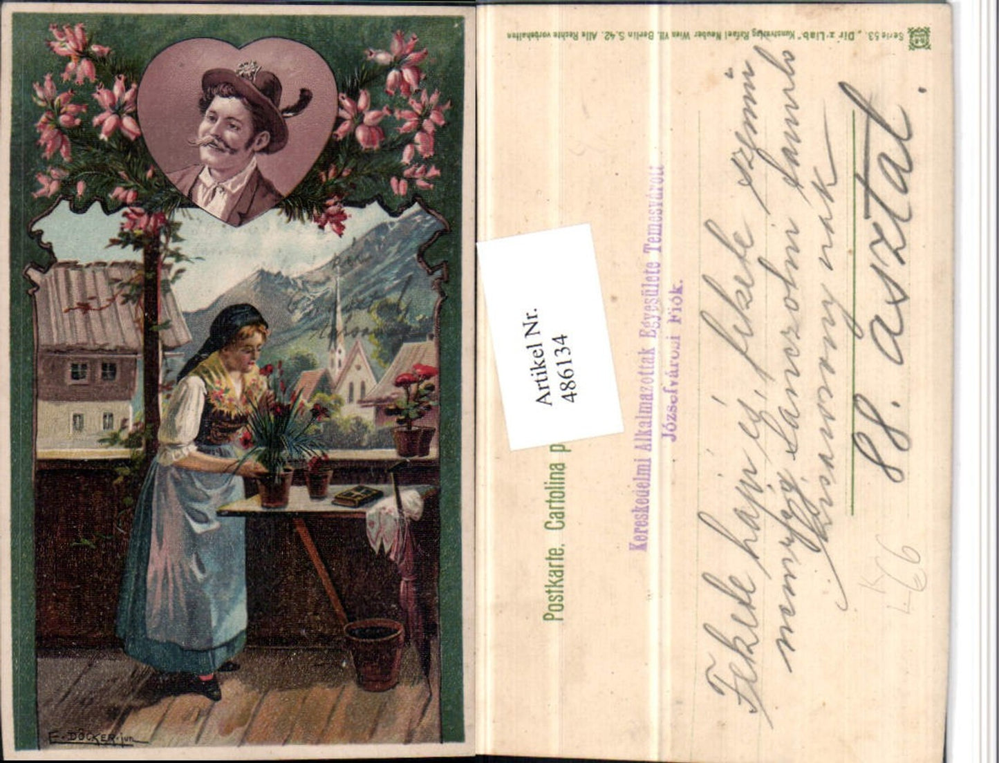 486134,Künstler Litho E. Döcker jun. Dir z'liab Frau Tracht Blumen Mann Portrait
