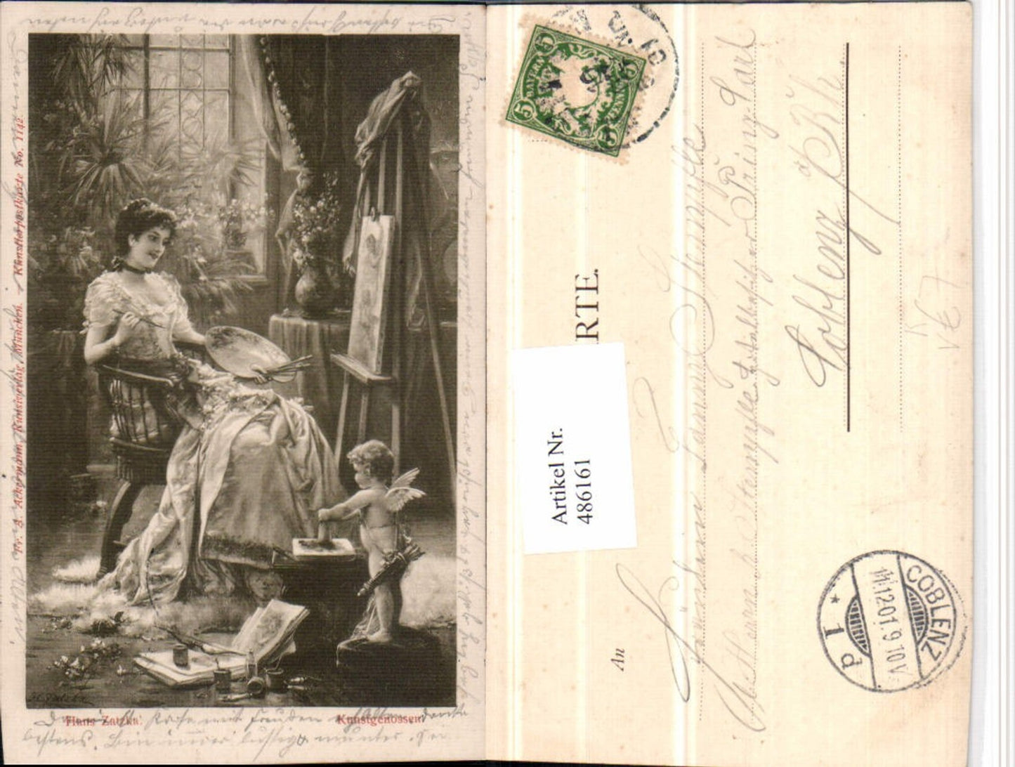 486161,Künstler AK Hans Zatzka Kunstgenossen Malerin Engel Amor pub Ackermann 1142