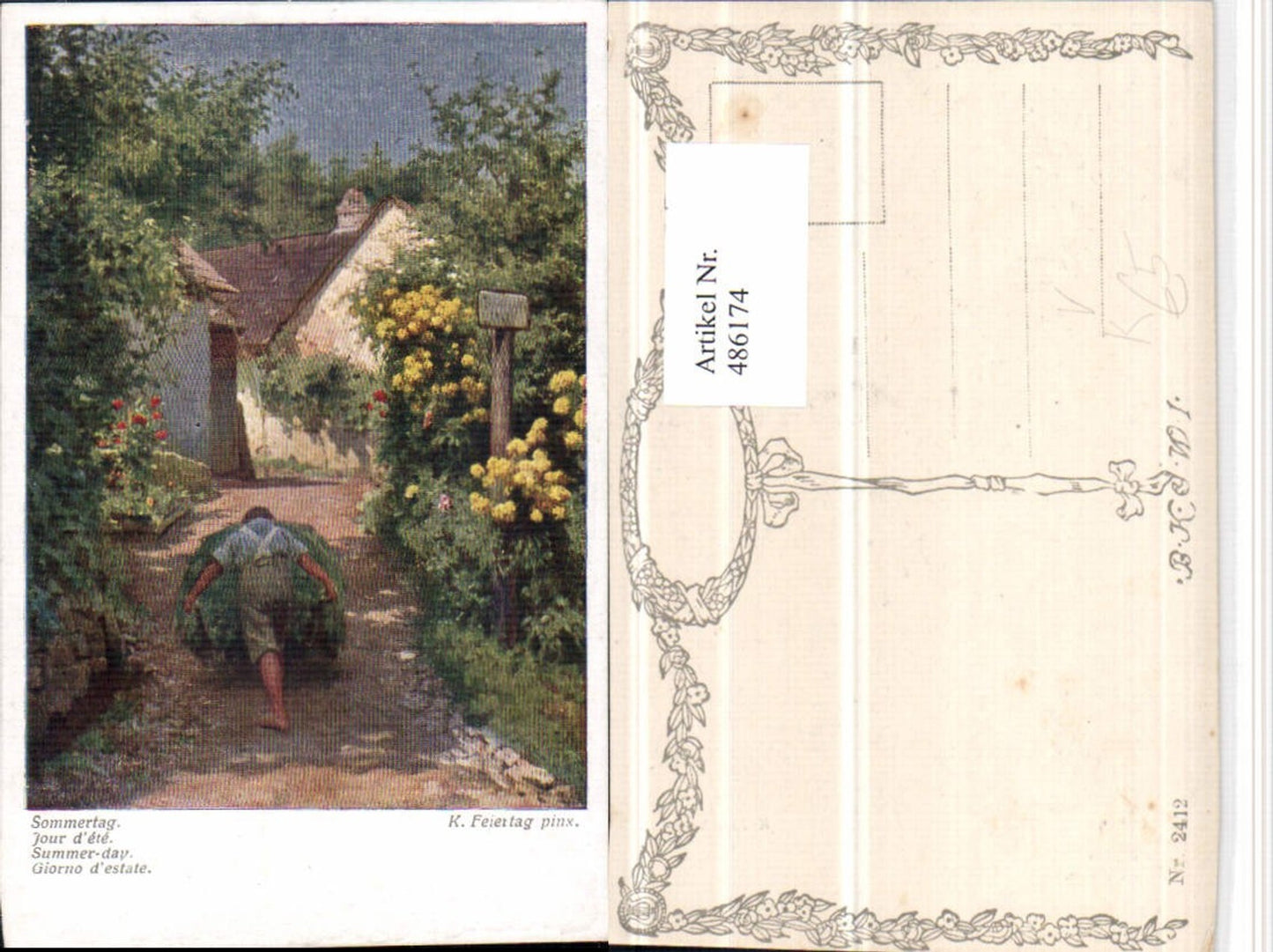 486174,Künstler AK Karl Feiertag Sommertag Mann Heuwagen pub B.K.W.I. 2412