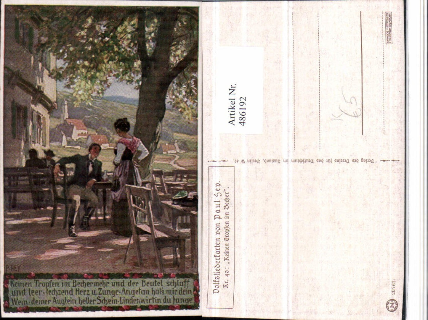 486192,Künstler AK Paul Hey Volksliedkarte 40 Keinen Tropfen im Becher pub VDA