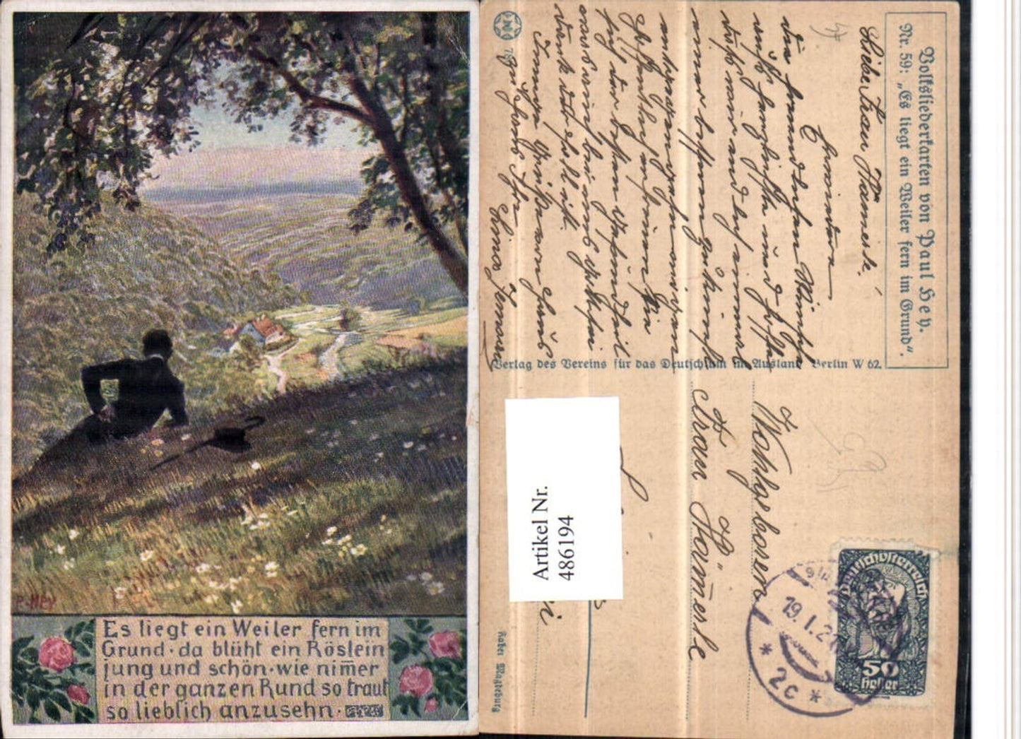 486194, Artist AK Paul Hey Folk Song Card 59 It lies far away in the valley pub VDA