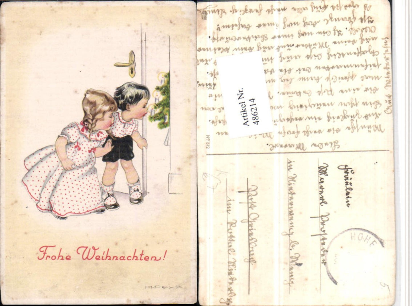 486214,Künstler AK H. Peyk Weihnachten Kinder Tür Weihnachtsbaum