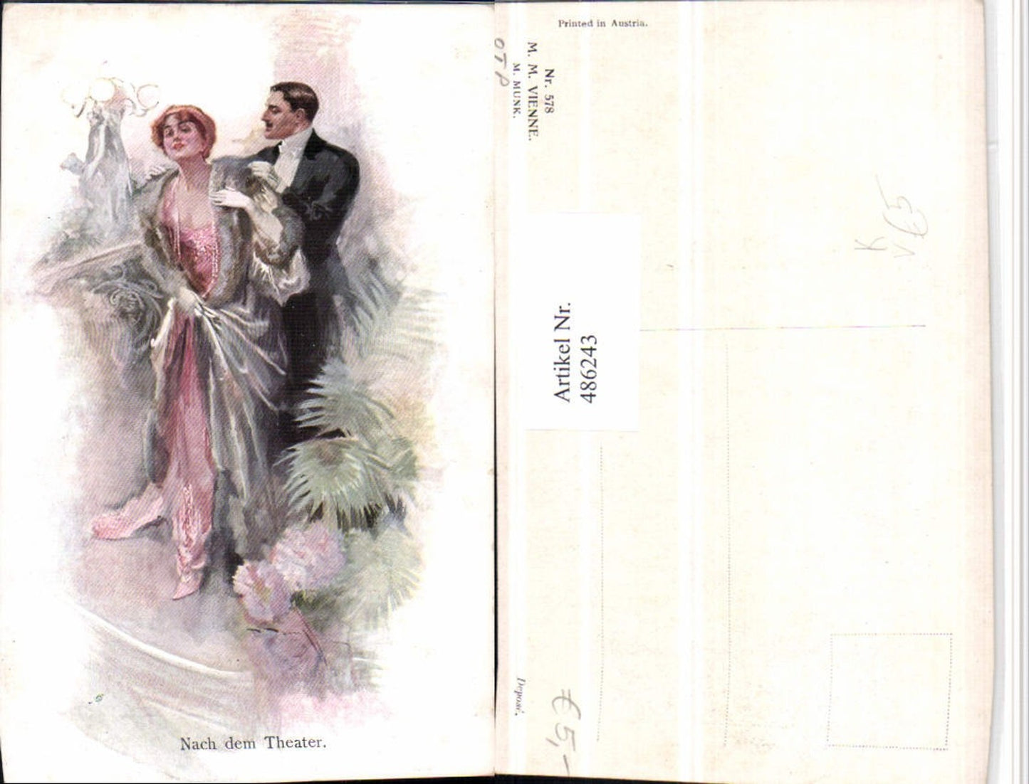 486243,M. Munk Vienne 578 Künstlerkarte Nach dem Theater Paar Frau Kleid