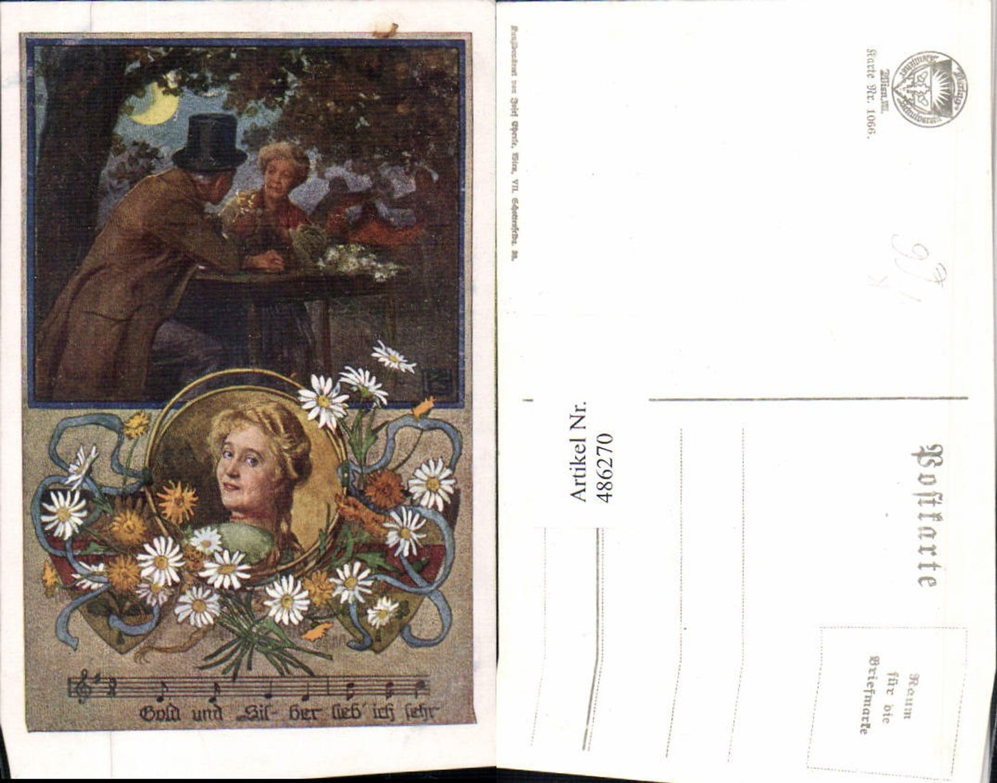 486270,Deutscher Schulverein 1066 Künstlerkarte Paar Tisch Frau Portrait Blumen