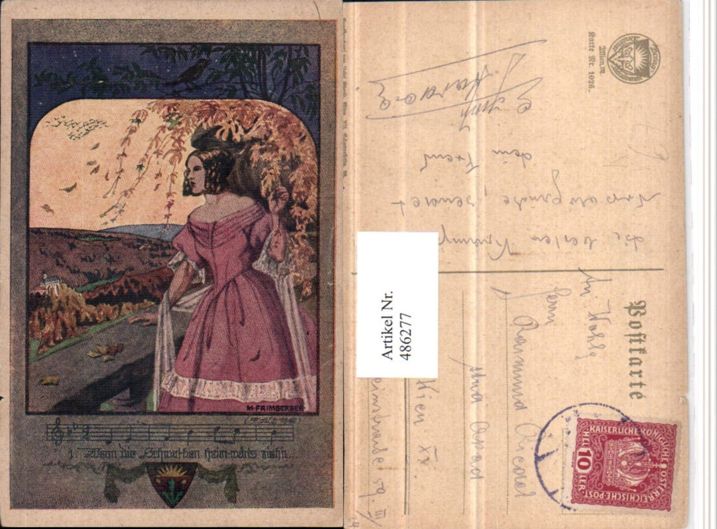 486277,Deutscher Schulverein 1026 Künstler M. Frimberger Frau Kleid Liedzeile