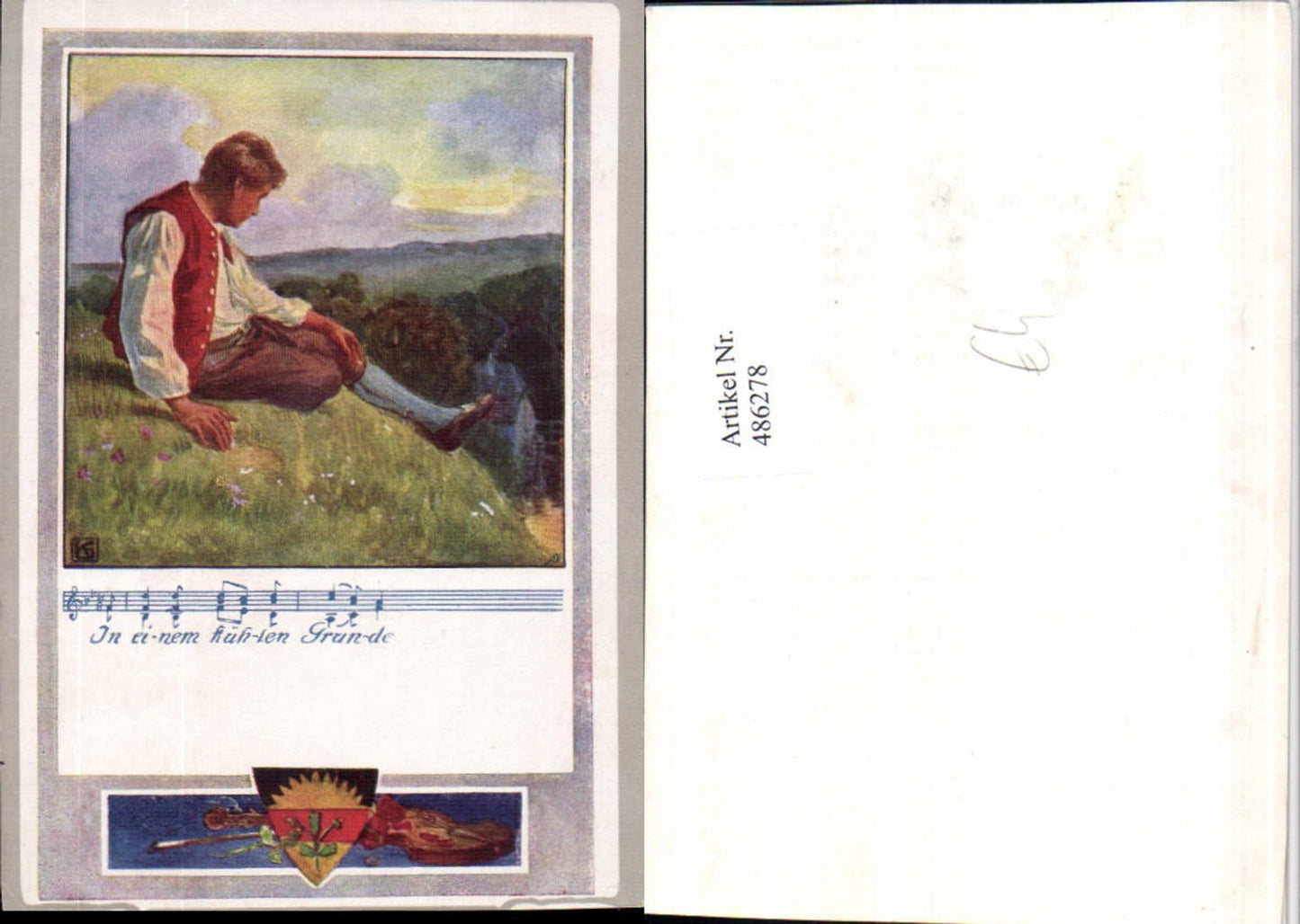 486278,Deutscher Schulverein Künstlerkarte Mann Wiese Liedzeile