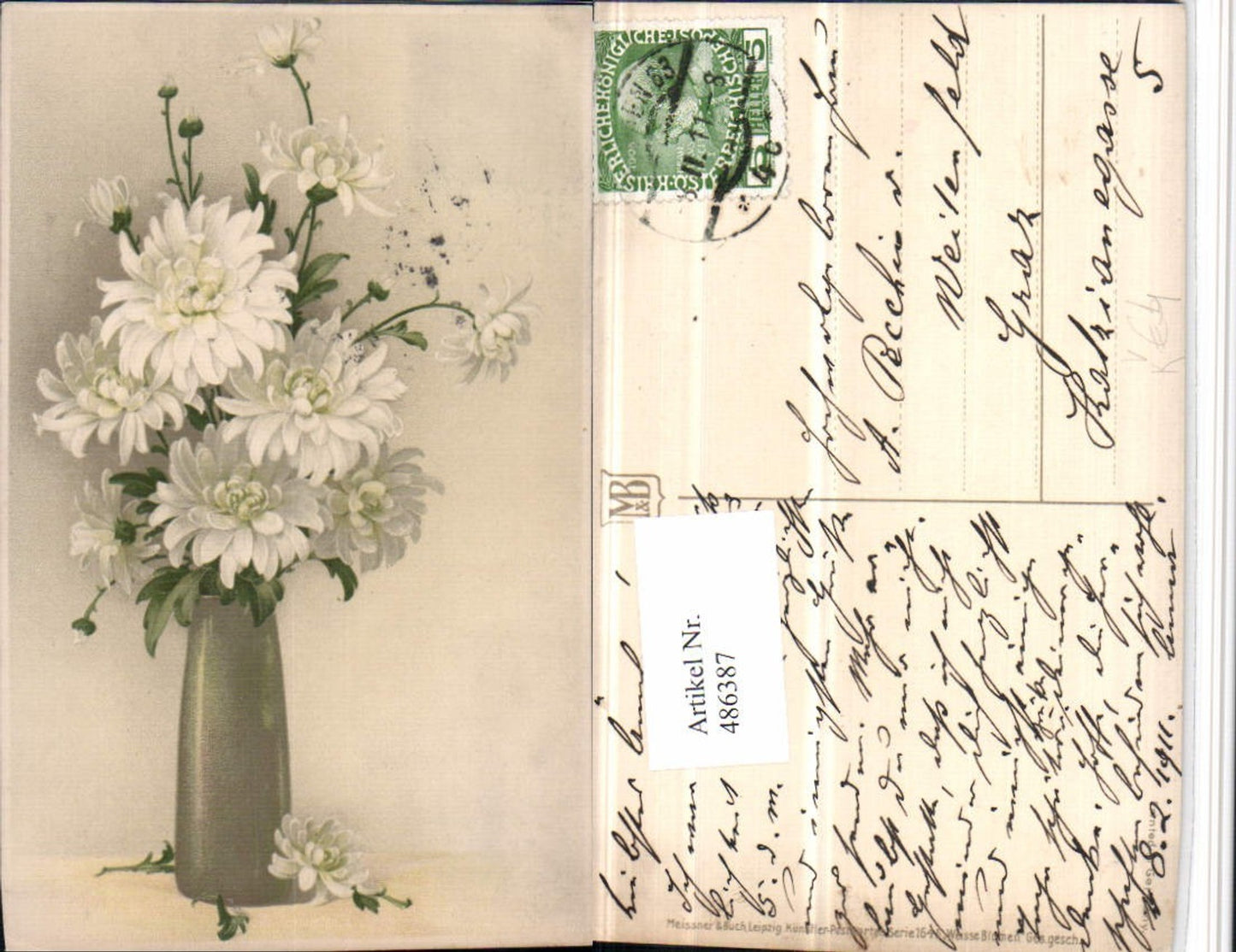 486387,Meissner & Buch 1645 Künstlerkarte Weiße Blumen Vase
