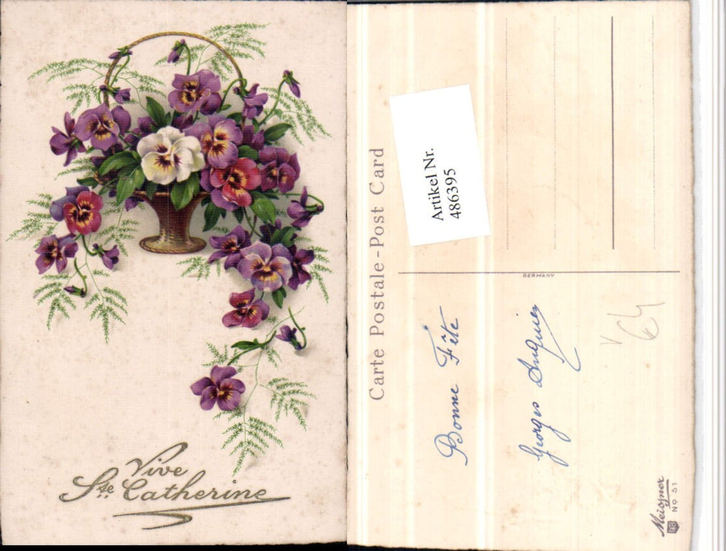 486395,Meissner & Buch 51 Künstlerkarte Korb Blumen Stiefmütterchen
