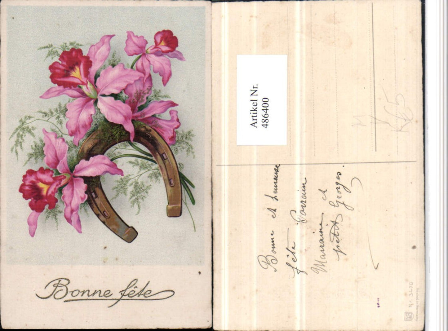 486400,Meissner & Buch 3470 Künstlerkarte Hufeisen Orchideen Blumen